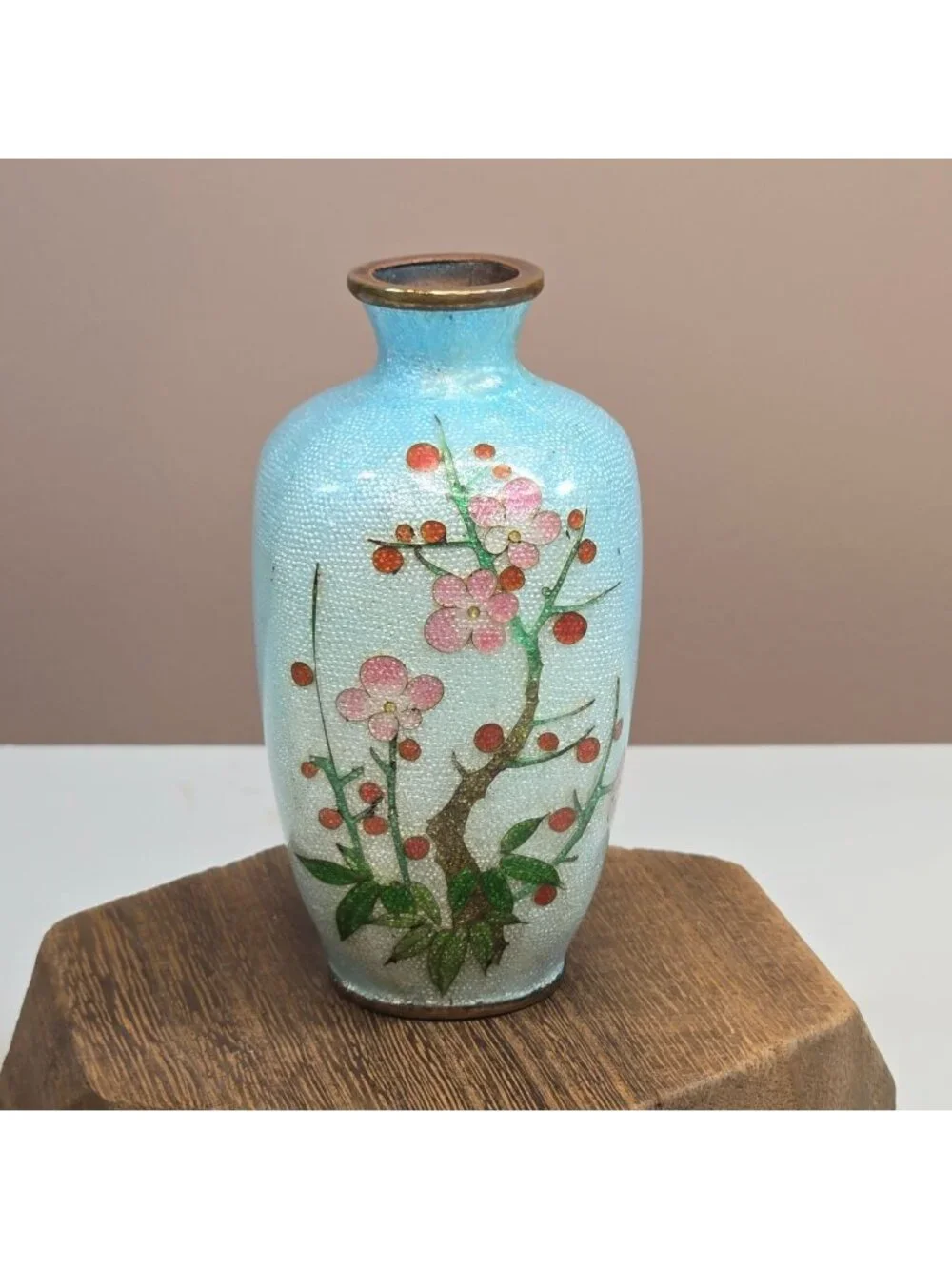 Antique 19th Century Japanese Meiji Mini Foil Enamel Bronze Vase Cherry Blossom